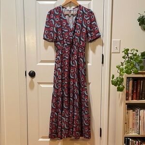 French Ange Elegant Red and Blue Patterned Women's Dress Size T1 - Small